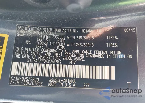 2019 Toyota Highlander Le z USA, uszkodzony, nr VIN 5TDZARFH0KS054842